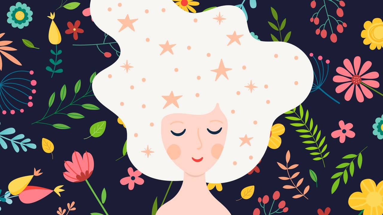 Woman happy with flowery background